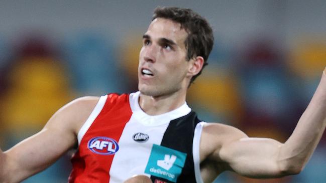 AFL Round 12....16/08/2020.... St Kilda vs Essendon at the Gabba, Brisbane.  Max King of the Saints kicks a last qtr goal  . Pic: Michael Klein