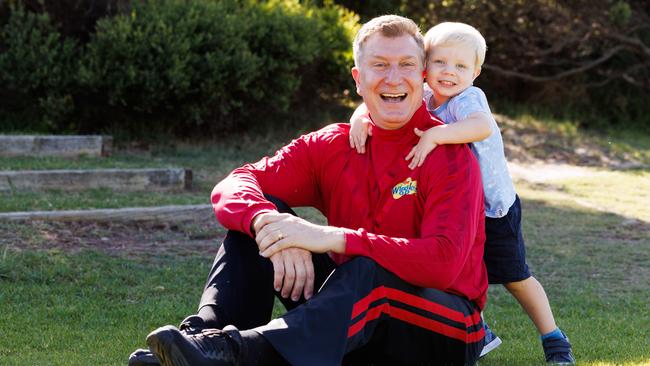 DAILY TELEGRAPH. JANUARY 21st, 2024Photo of Red Wiggle Simon Pryce with son 2 yo Asher at Burrows Park in Clovelly.Red Wiggle Simon Pryce is one of a handful of high-profile Aussie fathers joining a 'dad's alliance' to demand cheaper and more accessible childcare from the federal government.Photo: Tim Pascoe