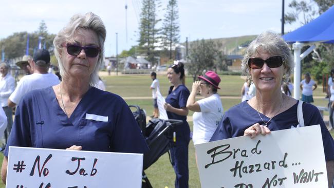 Nurses Petra Quante and Carol Davis came to the protest from Grafton to "stand in solidarity" with those who opposed the vaccine mandate. Picture: Tim Jarrett