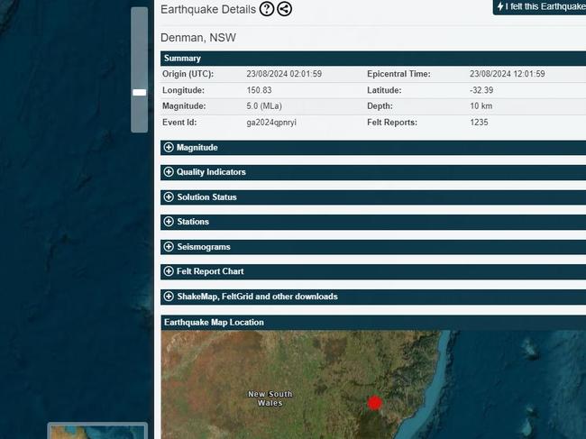 Screenshot of an alert on the Australian Government Geoscience website which happened in Muswellbrook in the Hunter Region of NSW at midday today. Pic earthquakes.ga.gov.au