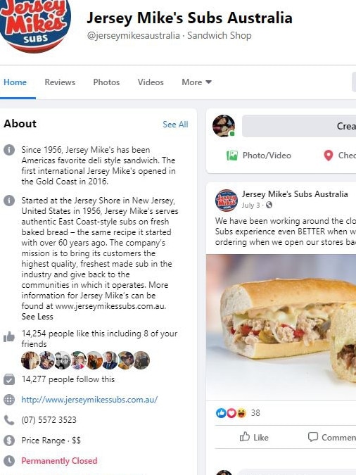 Screenshot from Jersey Mike's Australia Facebook page.