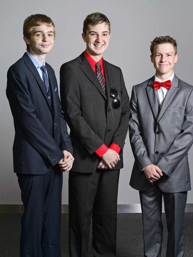 Nathaniel Chambers, Jacob Koehler and Mitchell Abram at the 2014 Good Shepherd Lutheran College formal at the Darwin Convention Centre. Picture: NT NEWS