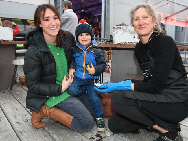 Winter Feast socials: Fiona Archer and George, 3, of Westwood, with Suzie Donkers, of Hobart. Picture: FIONA HARDING