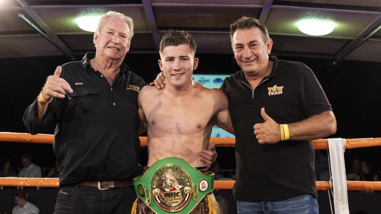 Bradley Smith, Jackson Griffiths and Brendon Smith celebrate Griffiths' WBC Australasia Grand Champion title defence. Picture: Darren Burns