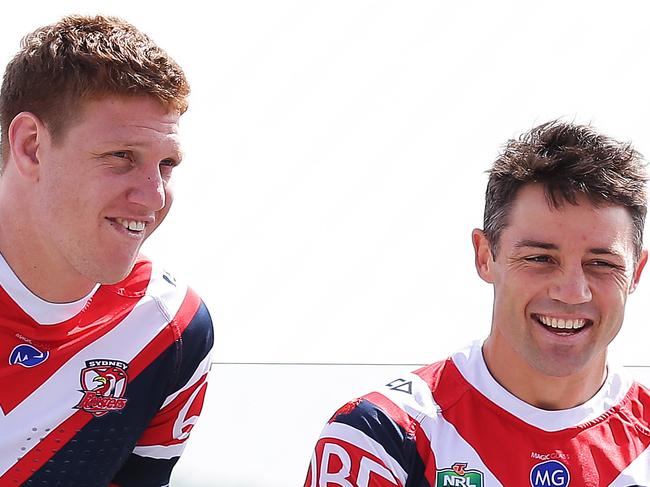 Roosters Dylan Napa, Cooper Cronk and Luke Keary have a laugh during the Sydney Roosters Grand Final media opportunity at the SCG, ahead of the 2018 NRL Grand Final. Picture: Brett Costello