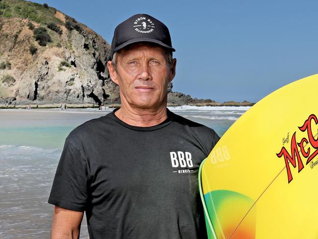 Neil Cameron, a real estate agent for LJ Hooker Byron Bay, and President of the Byron Bay Boardriders Club says he takes a tourniquet with him when he goes for a surf. Picture by Luke Marsden.