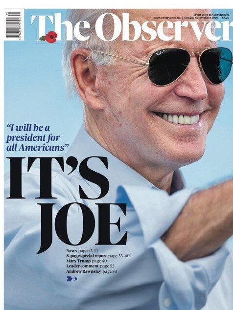 UK media outlet ‘The Observer’ front page following Joe Biden’s election victory. Picture: Supplied