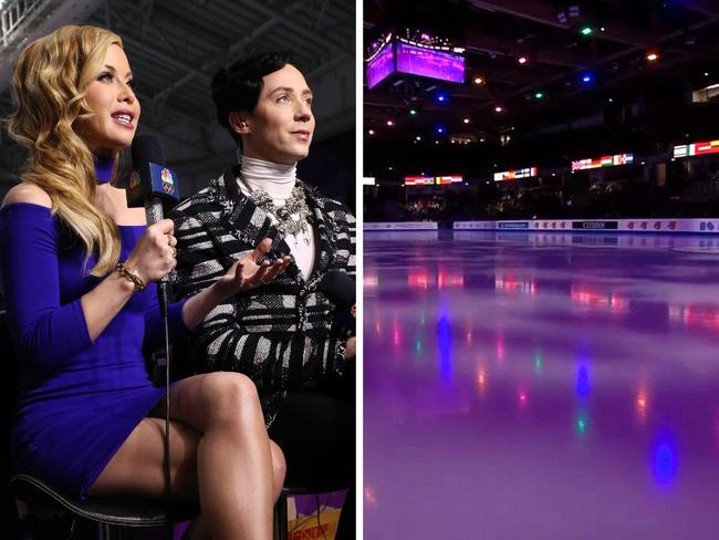 Tara Lipinski and Johnny Weir broke down on air. Photo: Getty, Jamie Squire and X, @awfulannouncing.