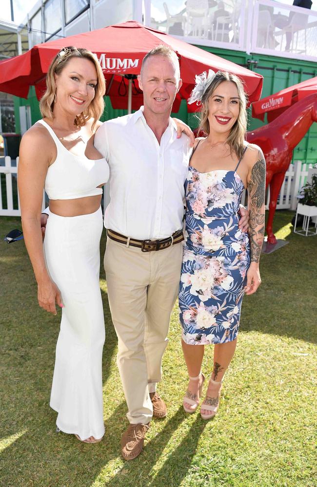 Cassie Lawson, Sean McComisky and Ashleigh Hunter at Ladies Oaks Day, Caloundra. Picture: Patrick Woods.