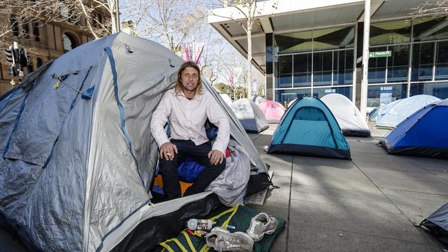 Homeless man Peter Watmough in his tent at Martin Place. Picture: Getty Images