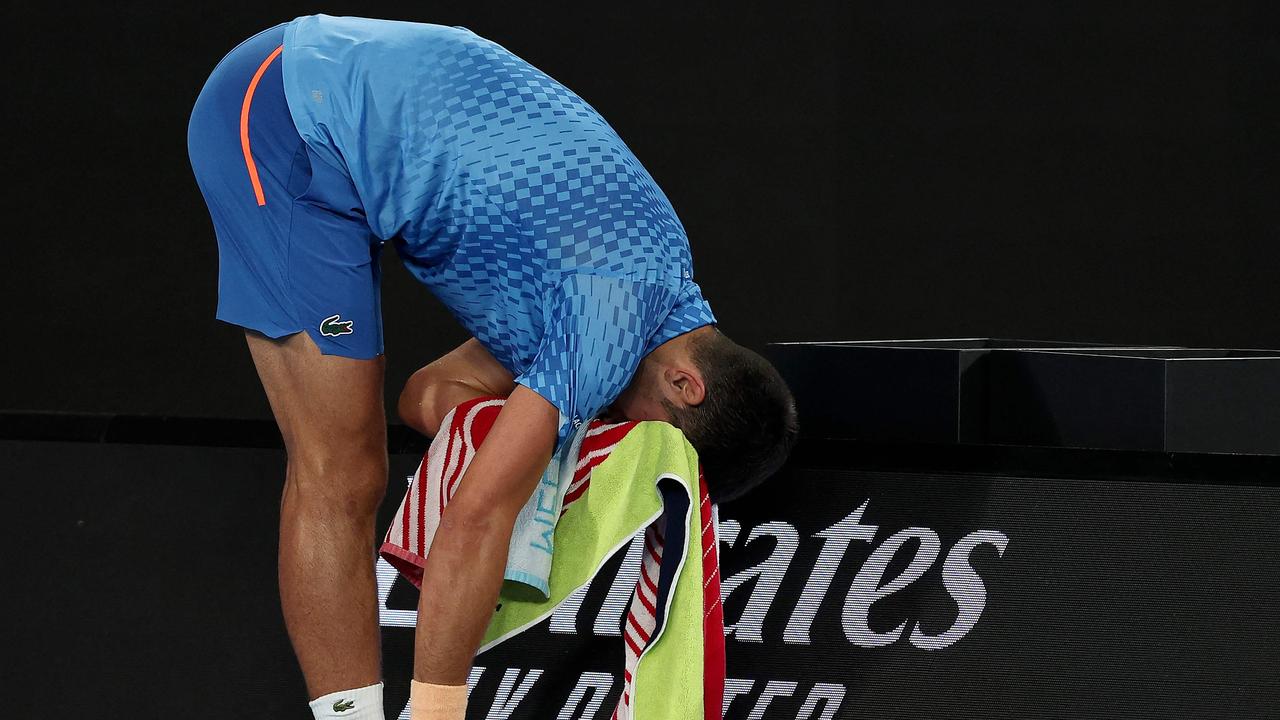 Djokovic has battled a hamstring issue for the entire tournament so far. (Photo by Martin KEEP / AFP) /