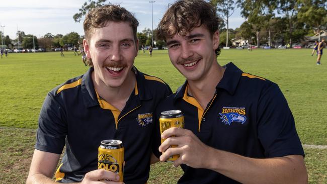 May 3, 2025: Jordie Wittervan (25) and Jesse Romeo (19) at Mitcham hawks footy like their mullets and Moes.  Picture: Kelly Barnes
