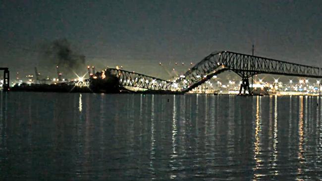 A view of the Francis Scott Key Bridge in Baltimore, Maryland, as a ship hits the bridge leading to its collapse.