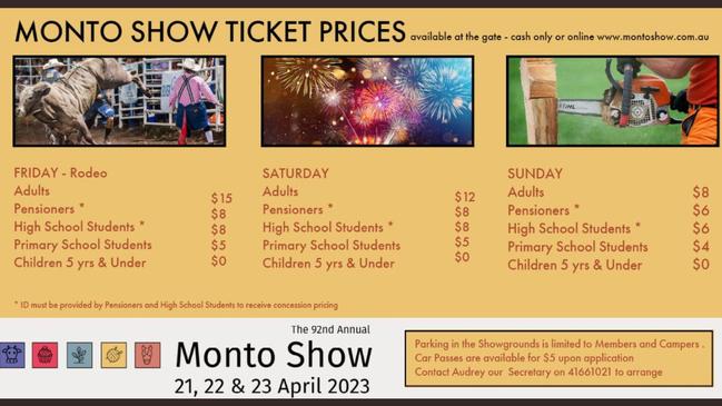 Tickets will be available for cash only at the gate, or online via www.montoshow.com.au.