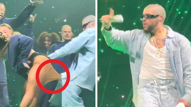 Bad Bunny gets crotch stuck in dancer's tights.