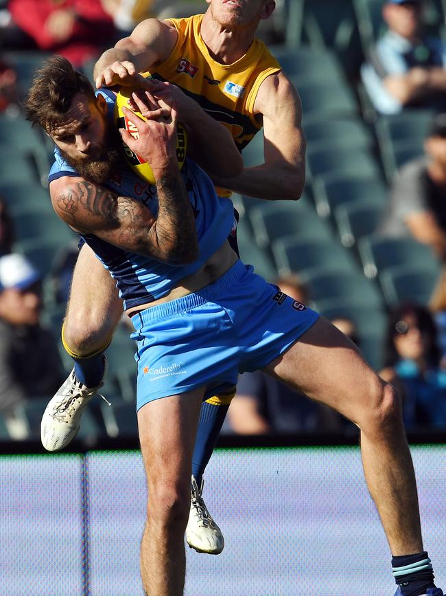 Gamble takes a strong mark against the Eagles in a finals clash at Adelaide Oval. Picture: Tom Huntley