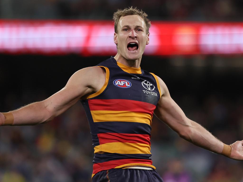 Jordan Dawson celebrates his last-quarter goal.