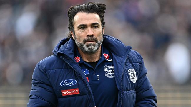 MELBOURNE, AUSTRALIA - SEPTEMBER 21: Chris Scott, Senior Coach of the Cats looks on before the AFL Preliminary Final match between Geelong Cats and Brisbane Lions at Melbourne Cricket Ground, on September 21, 2024, in Melbourne, Australia. (Photo by Quinn Rooney/Getty Images)