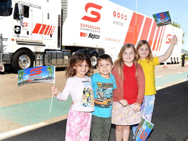 Hazel, 7, Dexter, 5, Ruby, 8, and Lily, 8, Etherden, watch The Transporter Parade in Townsville. Picture: Shae Beplate.