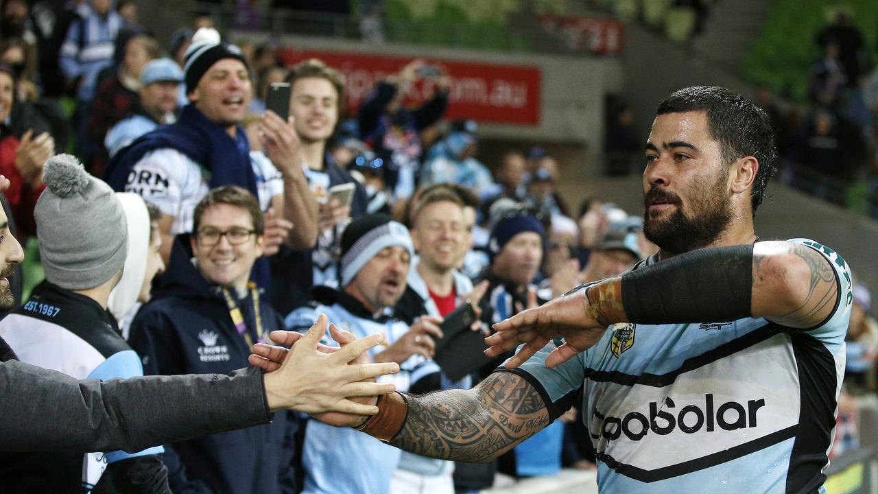 Andrew Fifita celebrates the Sharks win over the Storm.