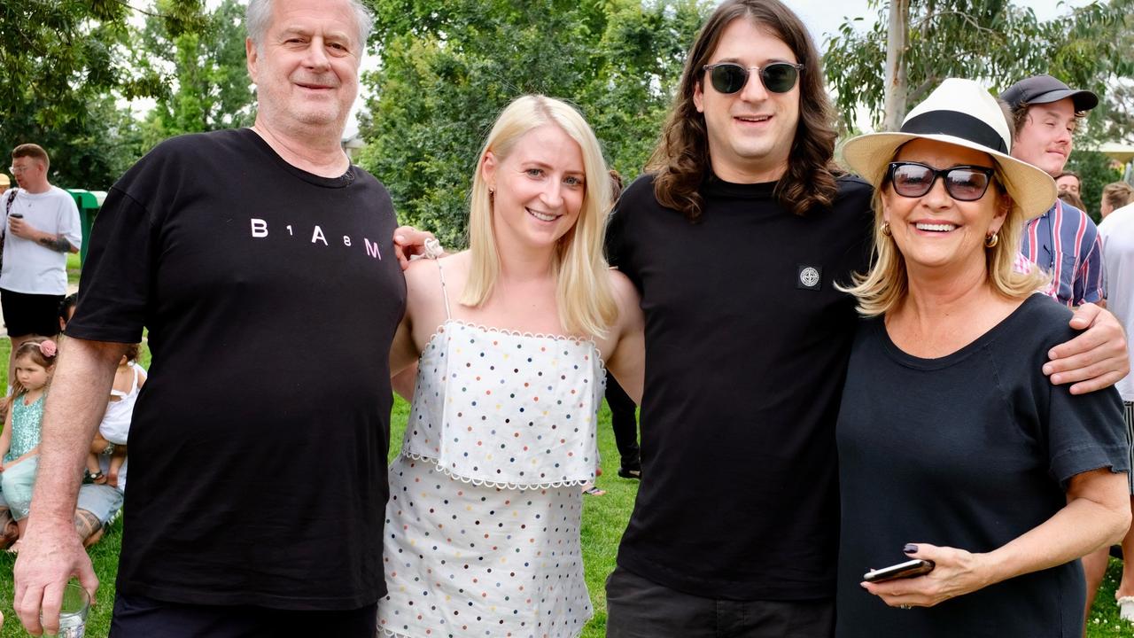 Michael with daughter Kate, Mushroom boss son Matt and wife Sue. Picture: Supplied / Gudinski family.