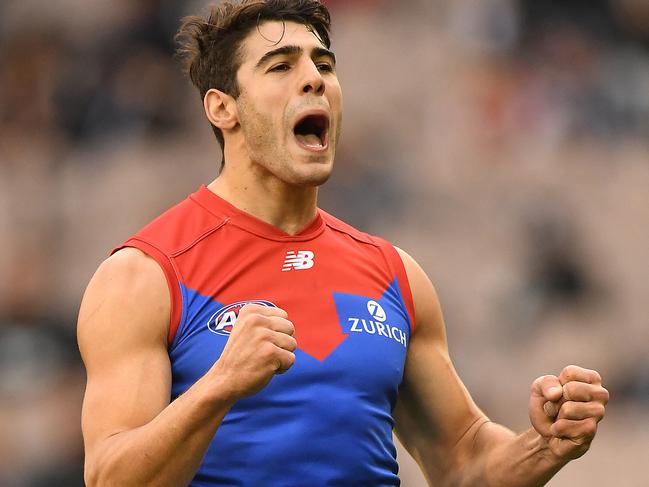 Christian Petracca of the Demons reacts after kicking a goal during the Round 9 AFL match between the Carlton Blues and the Melbourne Demons at the MCG in Melbourne, Sunday, May 20, 2018. (AAP Image/Julian Smith) NO ARCHIVING, EDITORIAL USE ONLY