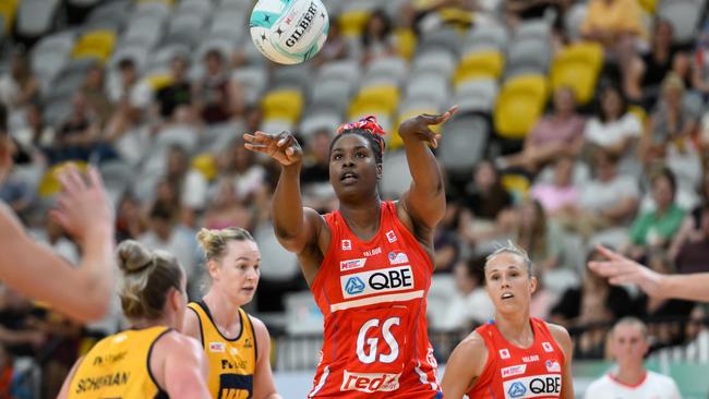 Romelda Aiken George of the Swifts passes the ball during the 2023 Team Girls Cup match between Sunshine Coast Lightning and NSW Swifts. Picture: Getty Images