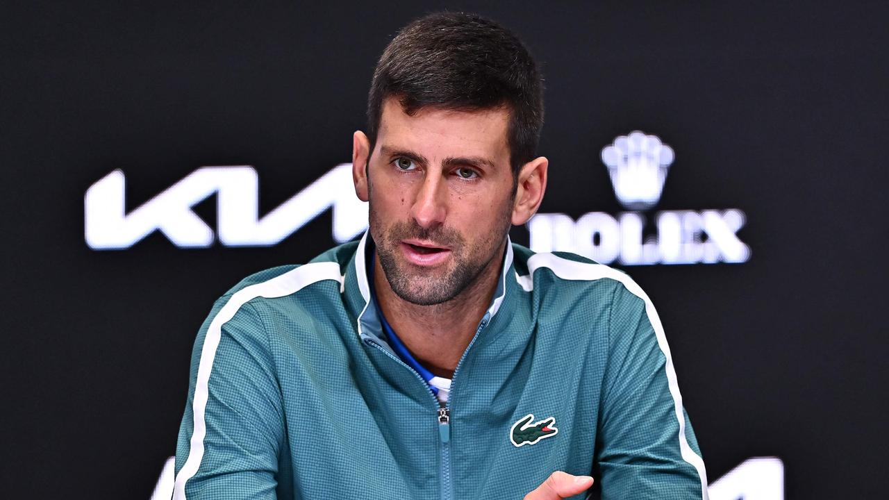 Serbia's Novak Djokovic speaks at a press conference in Melbourne on January 13, 2024 ahead of the Australian Open tennis championship starting on January 14. (Photo by Lillian SUWANRUMPHA / AFP) / -- IMAGE RESTRICTED TO EDITORIAL USE - STRICTLY NO COMMERCIAL USE --