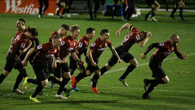 Hume City celebrate an epic Round of 32 home win over Marconi Stallions on their home patch, in one of many FFA Cup epics at ABD Stadium, Broadmeadows. Picture: George Salpigtidis