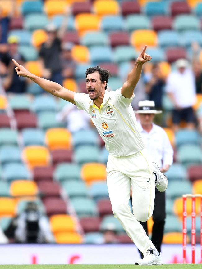 Mitchell Starc’s first-ball wicket got England off to another red-faced start. Picture: AFP