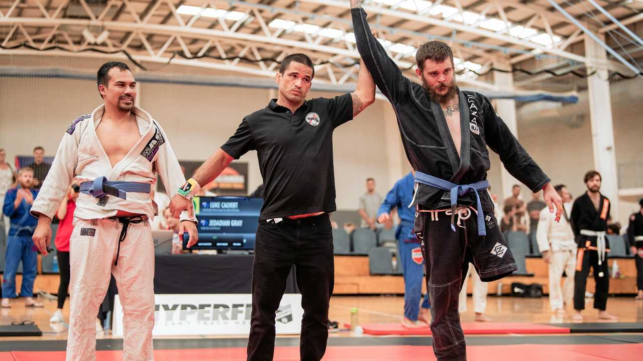 Tewantin's Jed Gray after winning the Medium Heavy Masters 1 Blue Belt division at the 2019 Sunshine Coast Brazilian Jiu-Jitsu Championship. Picture: James Thorne