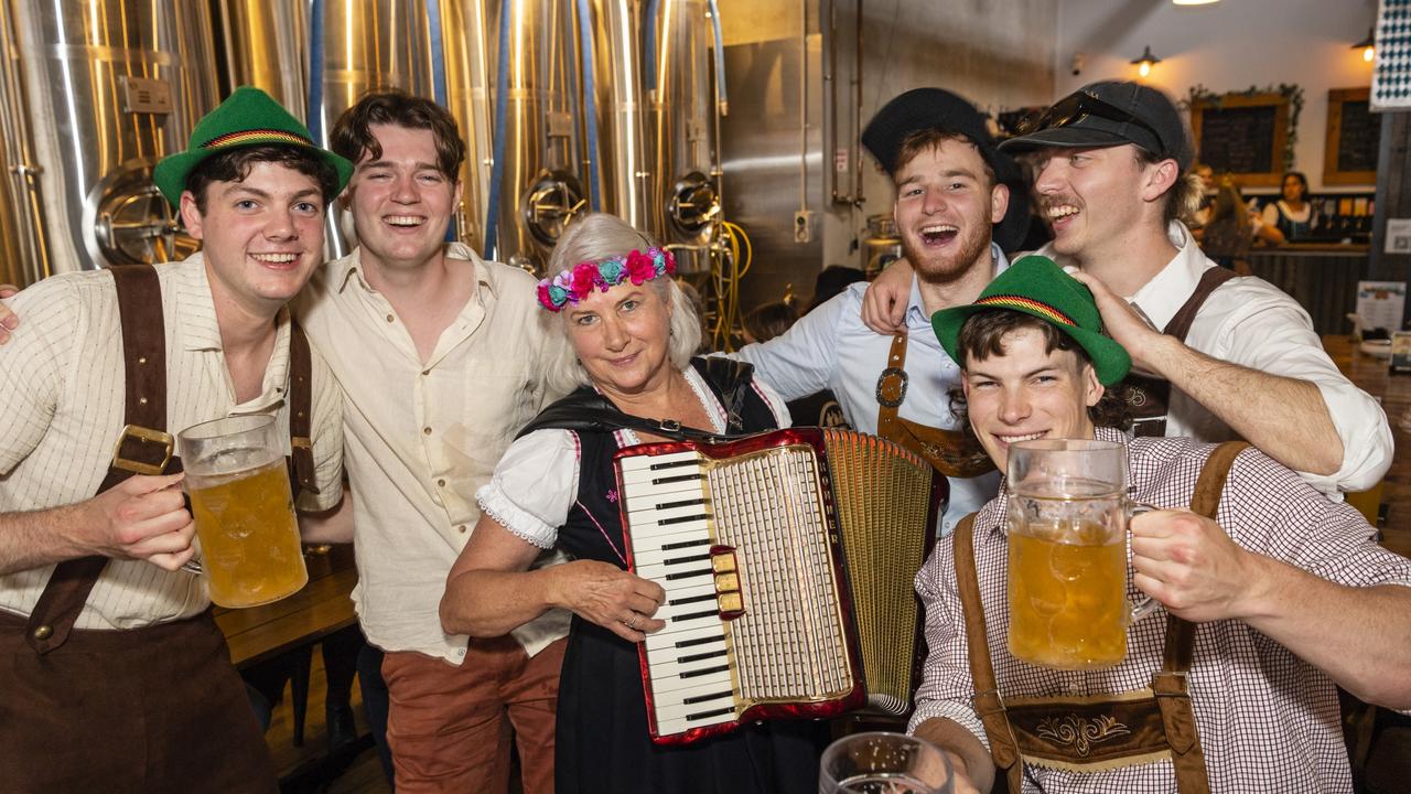 Providing the music for Oktoberfest is Kay Sullivan with (from left) Ryan Burge, Corey Ahlers, Nathan Green, Lachlan Tory (front) and Caleb Thomas at The Brewhouse, Saturday, October 22, 2022. Picture: Kevin Farmer