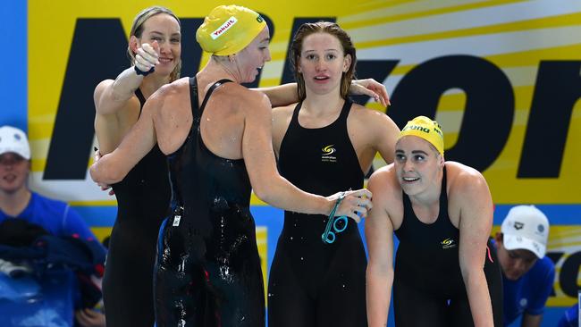 Madison Wilson, Mollie O'Callaghan, Leah Neale and Lani Pallister of Australia celebrate winning the Women's 4x200m freestyle final. Picture: Getty Images