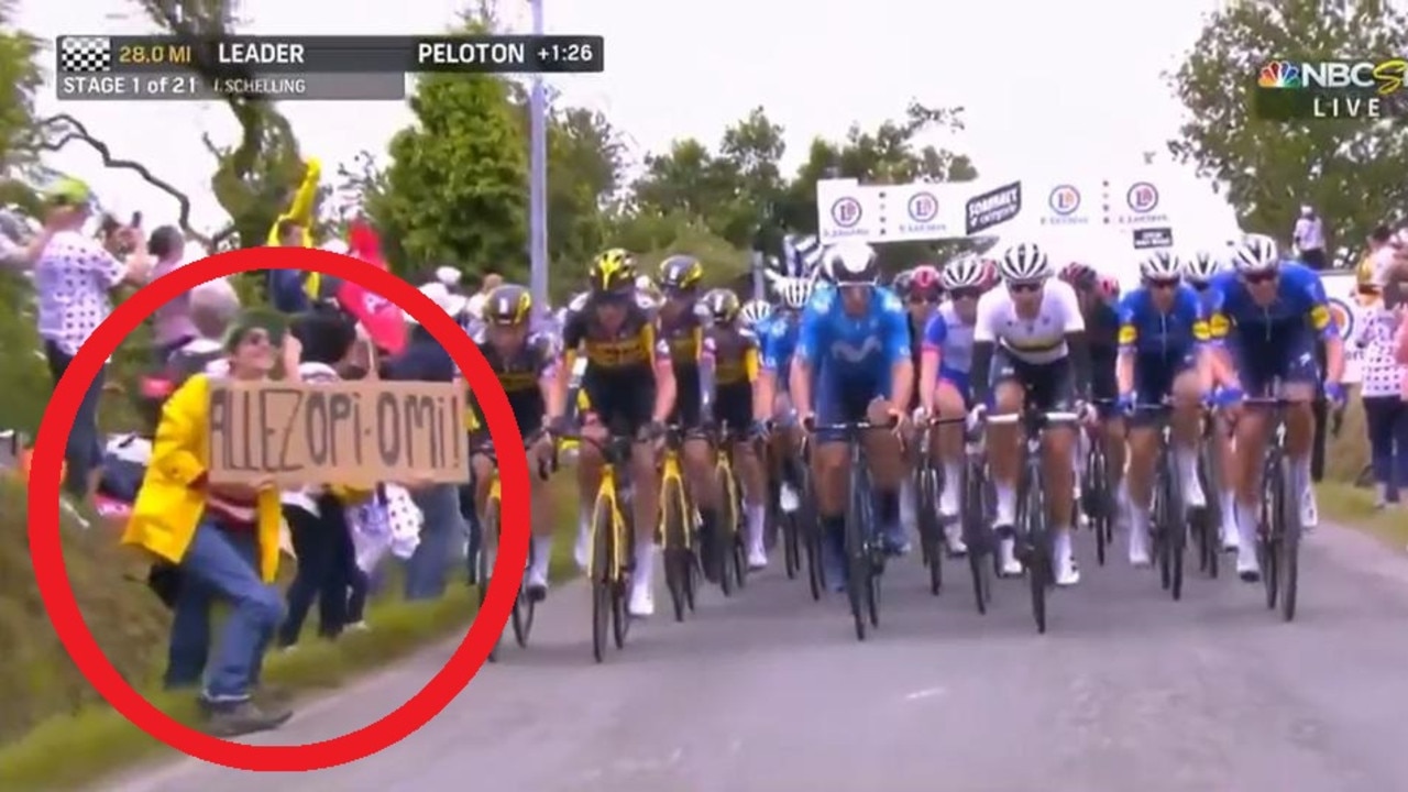 This is the moment just before the peloton came crashing down. Photo: Twitter.