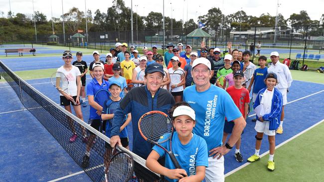 Boroondara Tennis Club coach Bob Brett, member Araya Burnside, 11 and director of tennis Warren Maher are thrilled the club will be saved. Picture: Josie Hayden