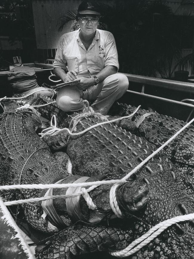 Parks and Wildlife Ranger Neville Haskins with three male saltwater crocodiles were removed from the Shoal Bay region of Darwin Harbour