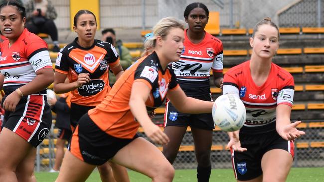 Kate Goodhand (right) in action for the North Sydney Bears in the Tarsha Gale Cup. Picture: Sean Teuma