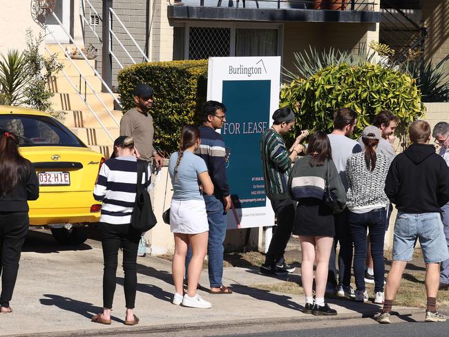 Lineup of people wanting to view a rental property at 290 Given Terrace, Paddington. Picture: Liam Kidston