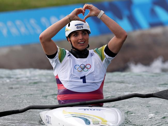 PARIS, FRANCE - JULY 28: Jessica Fox of Team Australia gestures a love heart as she celebrates after competing during the WomenÃ¢â¬â¢s Kayak Single Final on day two of the Olympic Games Paris 2024 at Vaires-Sur-Marne Nautical Stadium on July 28, 2024 in Paris, France. (Photo by Francois Nel/Getty Images)