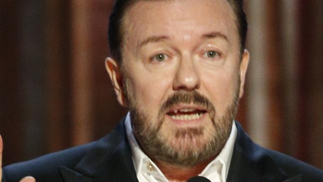 This image released by NBC shows host Ricky Gervais speaking at the 77th Annual Golden Globe Awards at the Beverly Hilton Hotel in Beverly Hills, Calif., on Sunday, Jan. 5, 2020. (Paul Drinkwater/NBC via AP)