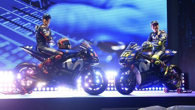Maverick Vinales and Valentino Rossi during the launch of Yamaha's 2018 MotoGP team. Pic: MotoGP