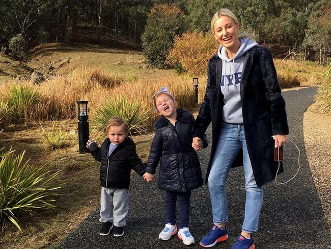 Roxy Jacenko with her children Hunter and Pixie on the first day her husband Oliver Curtis is spending in Silverwater prison.