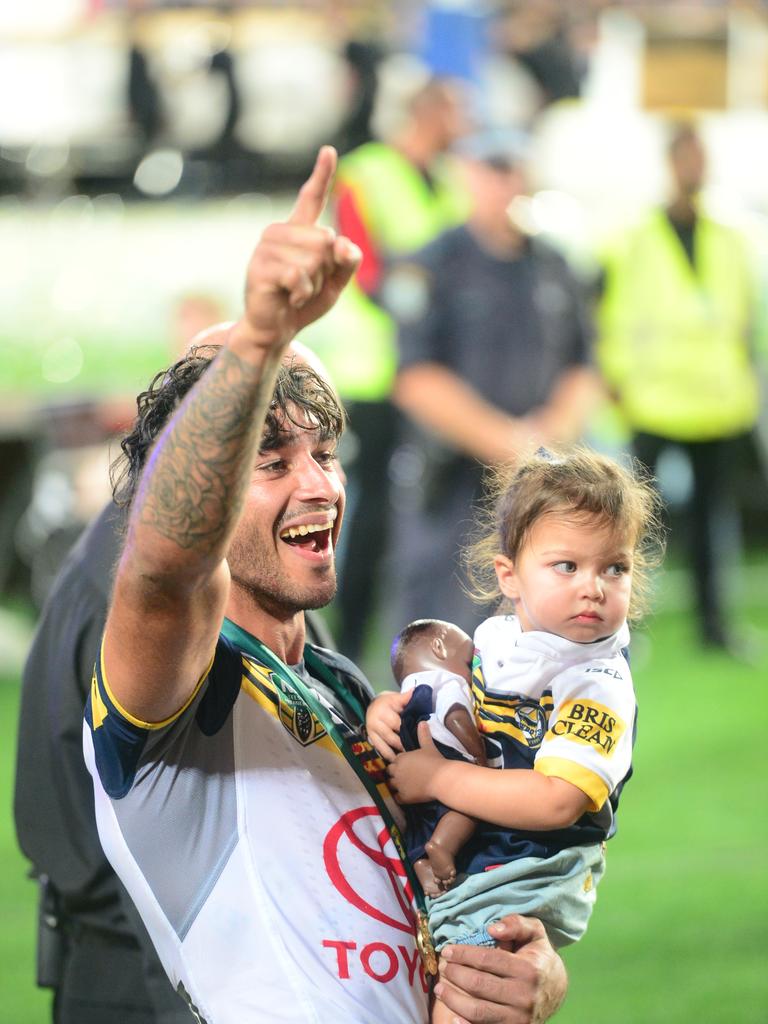 Cowboys fans descend on Sydney for the 2015 NRL Grand Final against the Brisbane Broncos. Johnathan Thurston with daughter Frankie. Picture: Scott Radford-Chisholm, October 2015