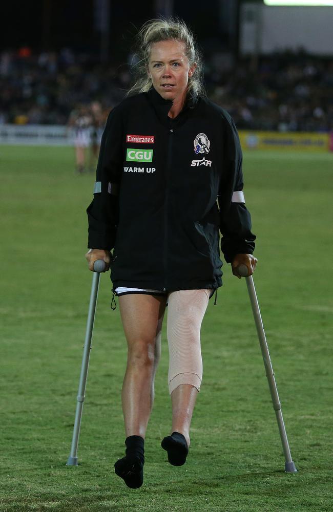 Kate Sheahan on crutches after injuring her knee. Picture: Michael Klein