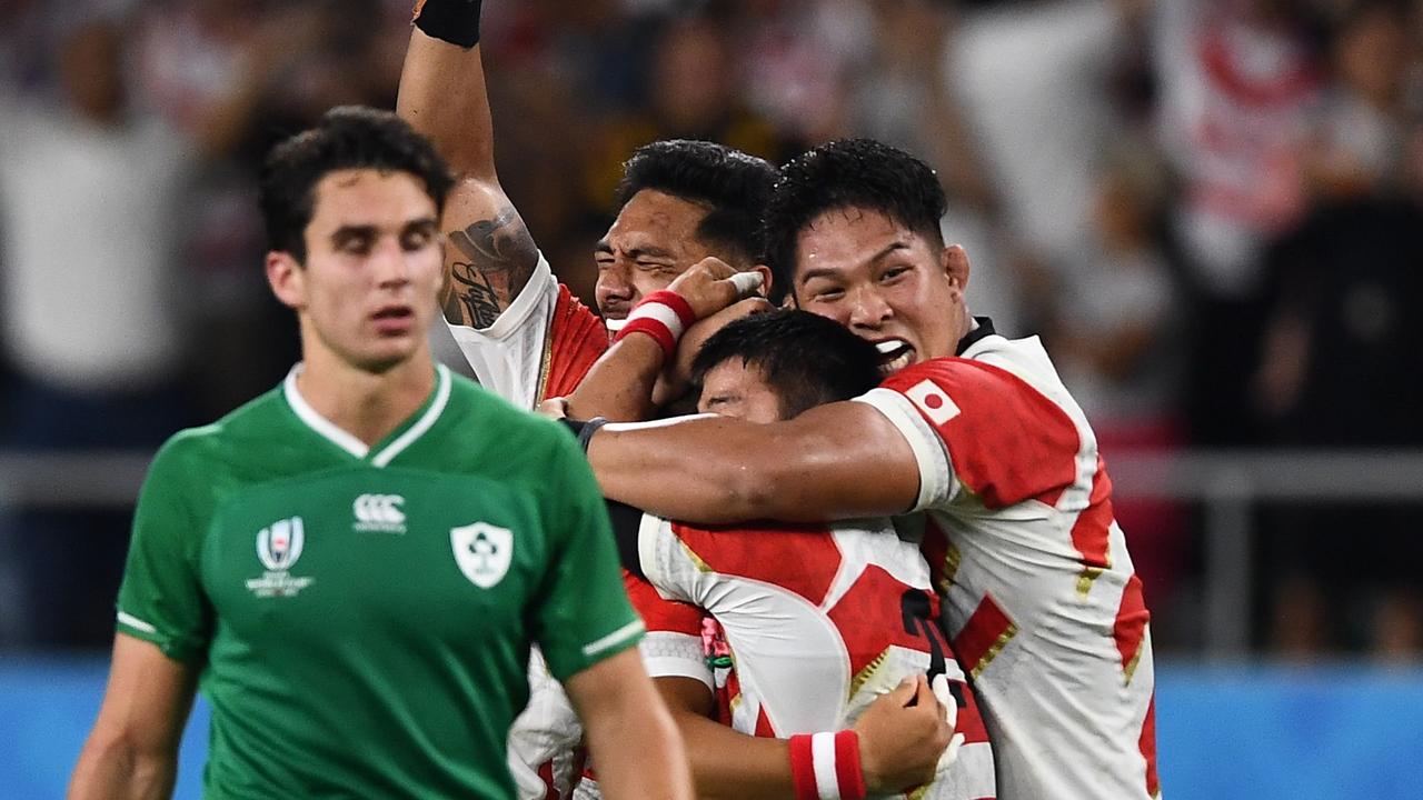 Joey Carbery reacts after kicking the ball out to seal Japan’s stunning 19-12 win over Ireland.
