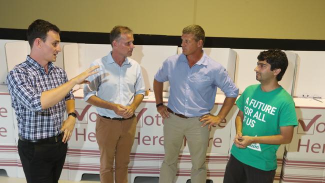 The draw for the order of candidates on the ballot paper in the seat of Bonney and candidates Sam O'Connor (LNP), Rowan Holzberger (ALP), Robert Buegge (IND), Amin Javanmard (Greens). Picture: Richard Gosling