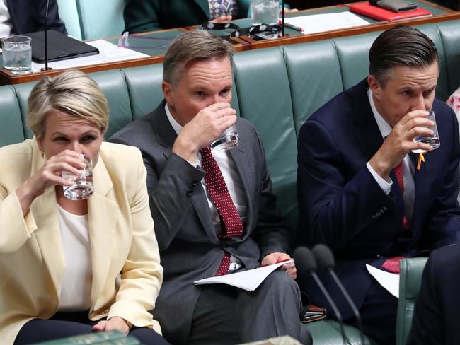 Tuesday 12th February 2019.Thirsty work-Tanya Plibersek, Chris Bowen and Mark Butler take a drink of water during during Question Time in the House of Representatives..The first day of the 2019 sitting calendar.Prime Minister Scott Morrison and Opposition Leader Bill Shorten during Question Time in the House of Representatives Chamber at Parliament House in Canberra. Picture Gary Ramage