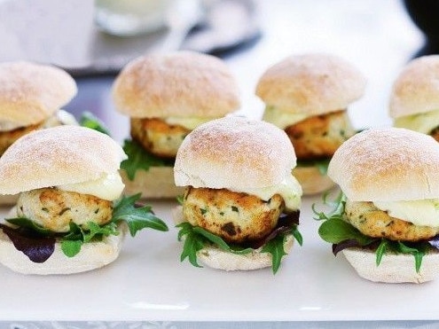 Midnight snacks: Mini ginger chicken burgers with lime mayo.