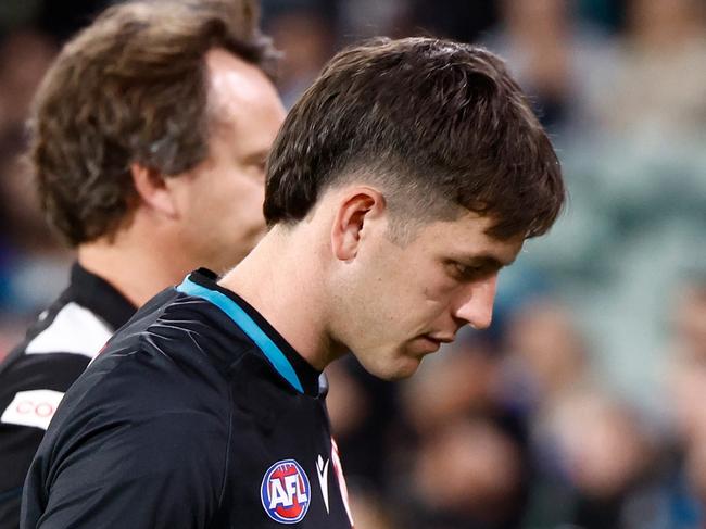 ADELAIDE, AUSTRALIA - SEPTEMBER 05: Zak Butters of the Power is seen after being subbed out of the match with injury during the 2024 AFL Second Qualifying Final match between the Port Adelaide Power and the Geelong Cats at Adelaide Oval on September 05, 2024 in Adelaide, Australia. (Photo by Michael Willson/AFL Photos via Getty Images)