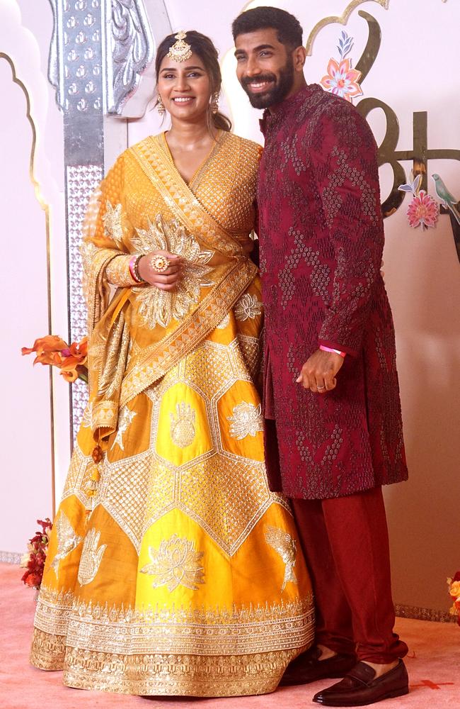 Sanjana Ganesan and Jasprit Bumrah at the wedding of Anant Ambani and Radhika Merchant in Mumbai. Picture: Prodip Guha/Getty Images